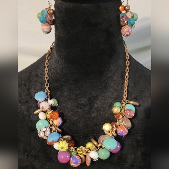 Iconic Lenora Dame, Gold &Colorful Retro Vintage Beaded Necklace and Earring Set